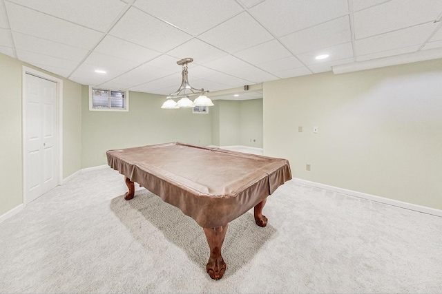 playroom featuring carpet flooring, a drop ceiling, and billiards