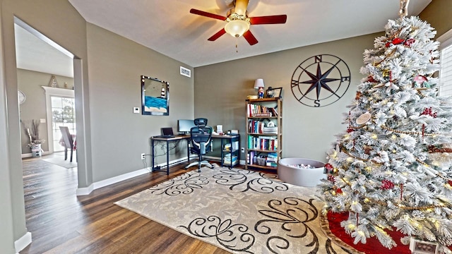 office area with ceiling fan and wood-type flooring