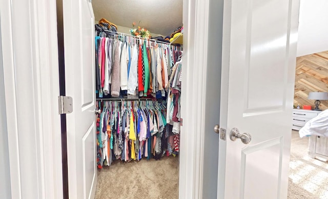 walk in closet with light carpet