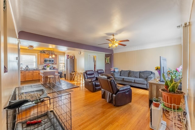 living room featuring light hardwood / wood-style flooring, ceiling fan, and ornamental molding