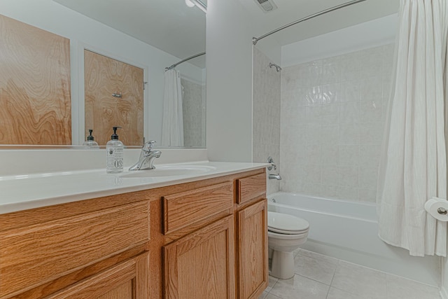 full bathroom with tile patterned floors, shower / bath combination with curtain, toilet, and vanity