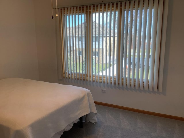 bedroom with carpet and a water view