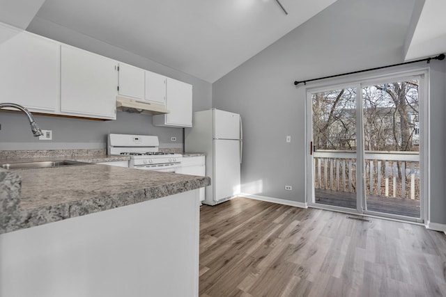 kitchen featuring white appliances, high vaulted ceiling, sink, light hardwood / wood-style floors, and white cabinetry