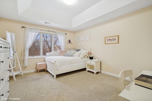 carpeted bedroom with a raised ceiling