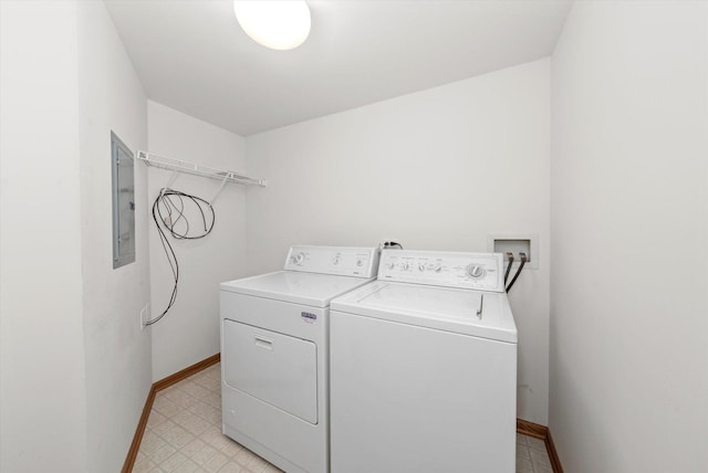 laundry area featuring electric panel and washing machine and clothes dryer