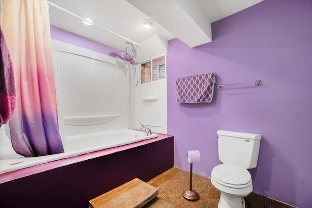 bathroom with shower / tub combo with curtain and toilet