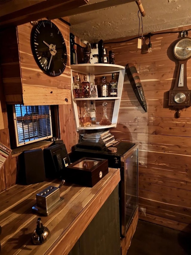 bar with electric range and wooden walls