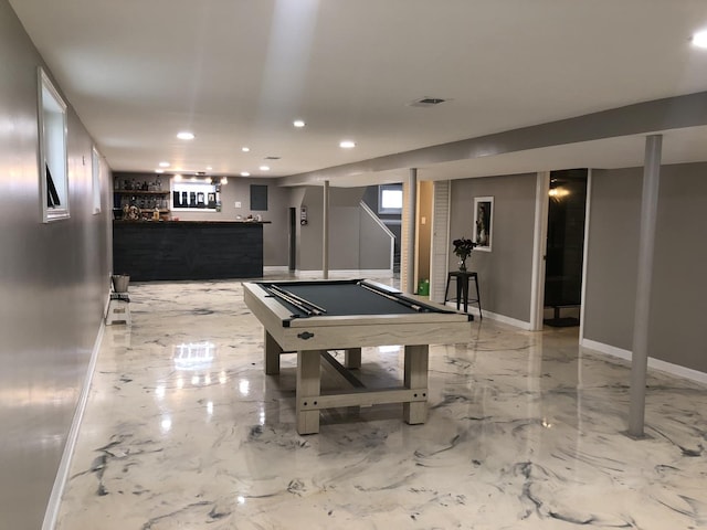 rec room featuring bar area and billiards