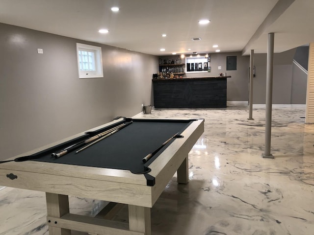 rec room featuring bar area, electric panel, and pool table