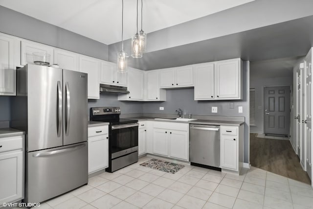 kitchen featuring sink, white cabinets, light tile patterned floors, and stainless steel appliances