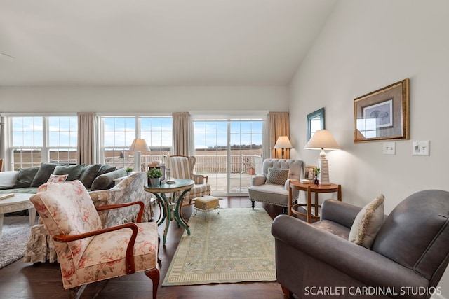 living room with dark hardwood / wood-style flooring and vaulted ceiling