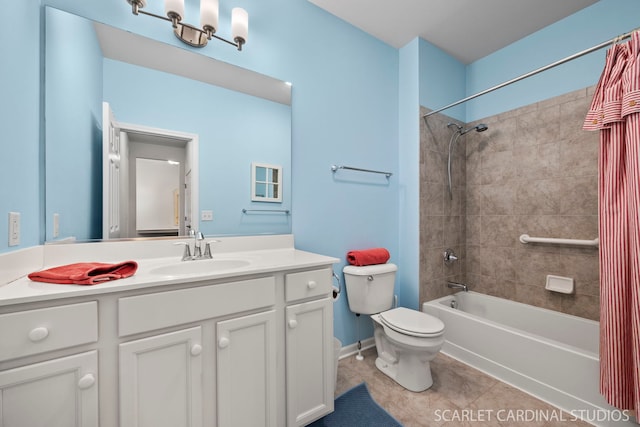 full bathroom featuring tile patterned flooring, vanity, shower / tub combo with curtain, and toilet