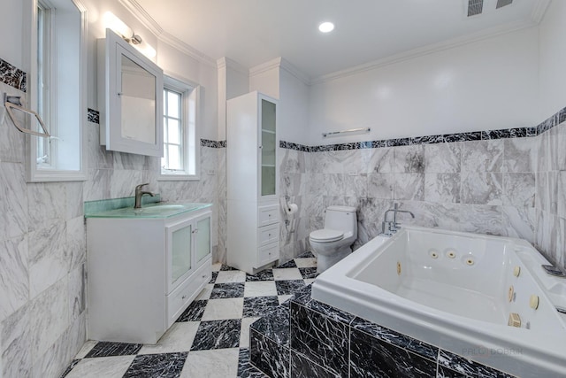 bathroom with a relaxing tiled tub, toilet, tile walls, and ornamental molding