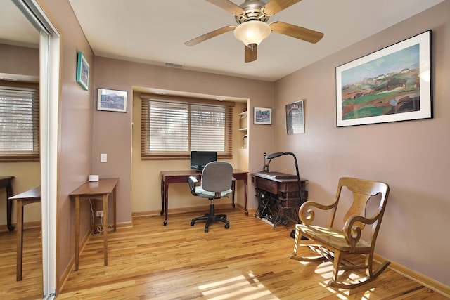 office with ceiling fan and light wood-type flooring