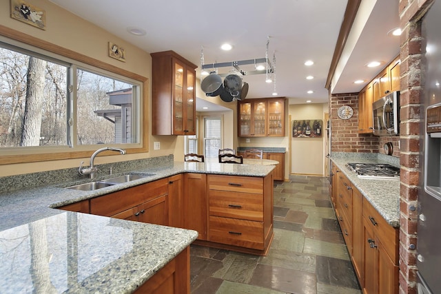 kitchen with stainless steel appliances, plenty of natural light, light stone counters, and sink