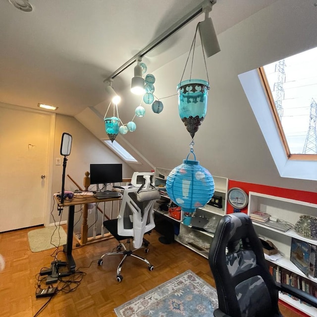 office with parquet floors and lofted ceiling