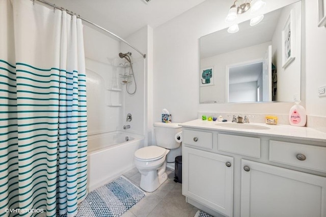 full bathroom with tile patterned flooring, shower / tub combo, vanity, and toilet