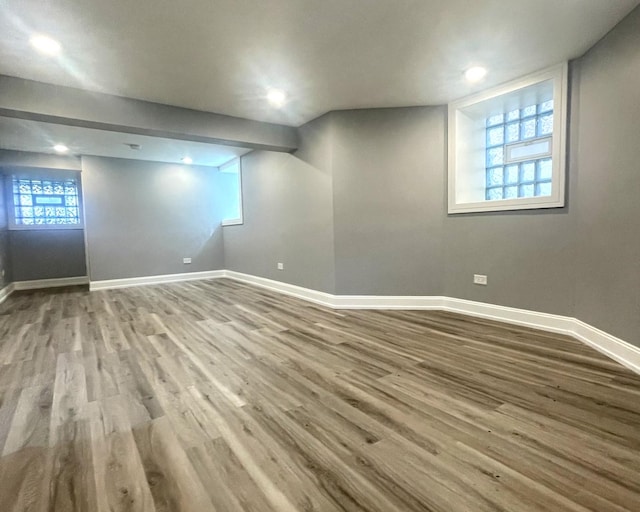 basement with wood-type flooring