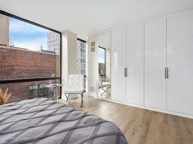 bedroom with light hardwood / wood-style flooring and a closet