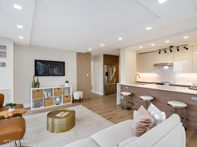 living room with light wood-type flooring and sink