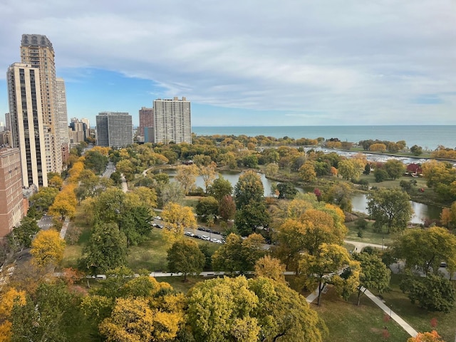 drone / aerial view featuring a water view