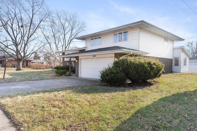 view of property exterior with a garage and a lawn