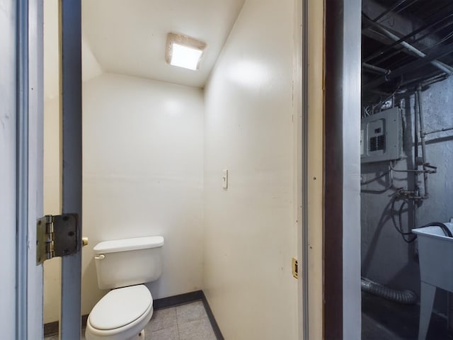 bathroom with toilet, electric panel, and vaulted ceiling