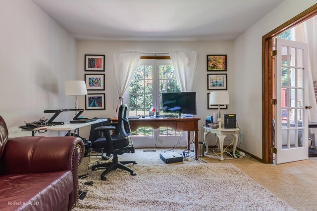 office area with carpet floors and french doors