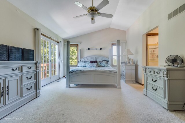 bedroom with light carpet, access to outside, vaulted ceiling, and ceiling fan