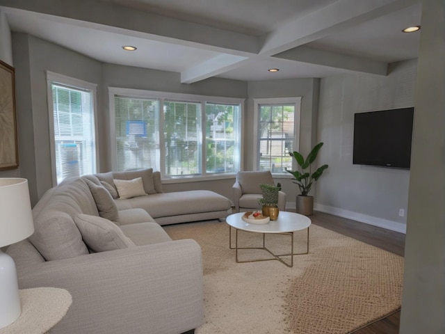 living room with beamed ceiling and hardwood / wood-style floors