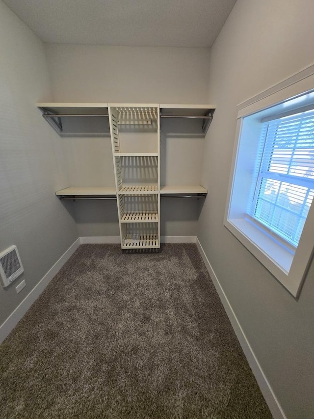 spacious closet with dark colored carpet