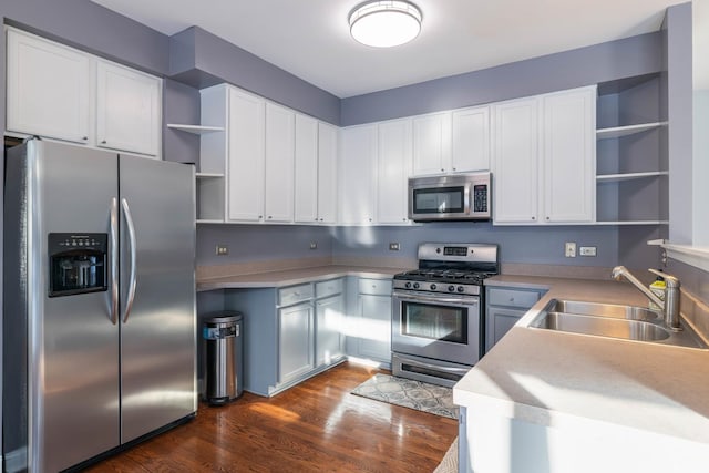 kitchen with stainless steel appliances, sink, white cabinets, and dark hardwood / wood-style flooring