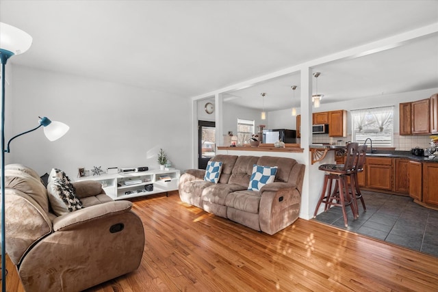 living room featuring hardwood / wood-style floors and sink