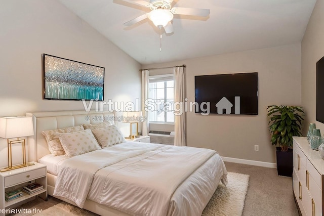 bedroom with ceiling fan, cooling unit, light carpet, and vaulted ceiling