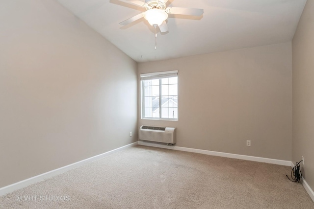 unfurnished room with a wall mounted air conditioner, carpet flooring, ceiling fan, and lofted ceiling