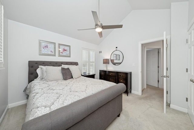 bedroom featuring ceiling fan, light colored carpet, and high vaulted ceiling