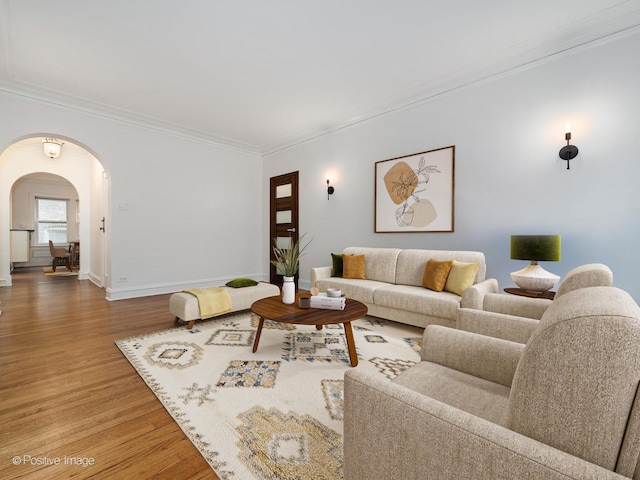 living room featuring hardwood / wood-style floors and ornamental molding