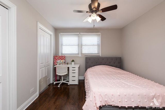 bedroom with ceiling fan, a closet, and dark hardwood / wood-style floors