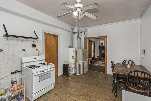 kitchen with ceiling fan, tasteful backsplash, water heater, dark hardwood / wood-style flooring, and white range with gas cooktop