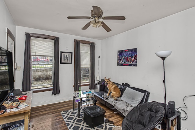 living room featuring ceiling fan and dark hardwood / wood-style flooring