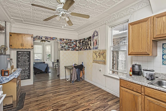 kitchen featuring dark wood-type flooring, ceiling fan, and a healthy amount of sunlight