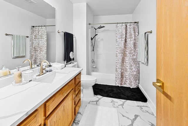 full bathroom with shower / bath combo, vanity, and toilet