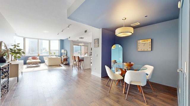 dining area with hardwood / wood-style floors and track lighting