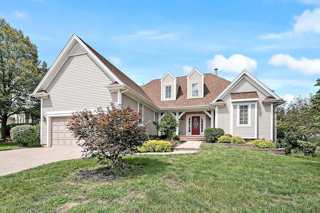 view of front of property with a front yard and a garage