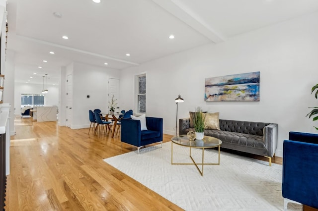 living room featuring beam ceiling and wood-type flooring