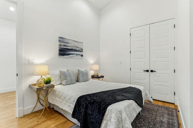 bedroom featuring wood-type flooring and a closet