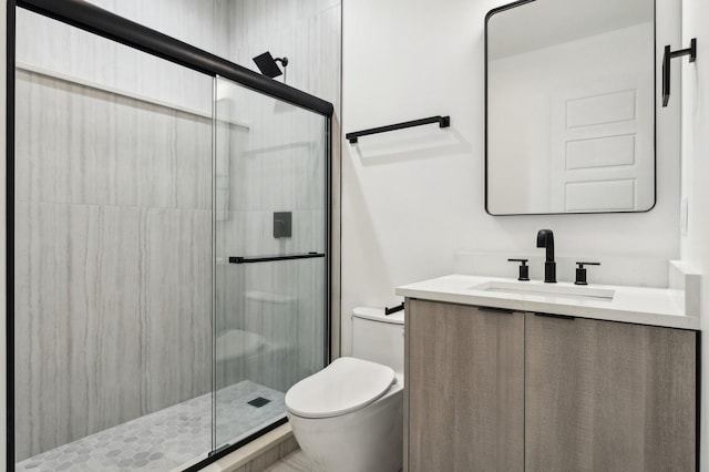 bathroom with vanity, a shower with shower door, and toilet