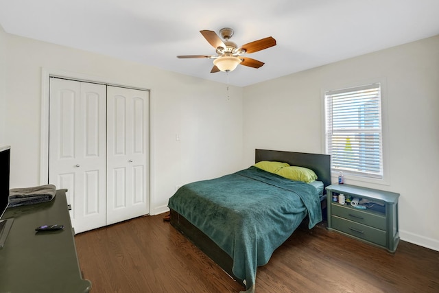 bedroom featuring ceiling fan, a closet, and dark hardwood / wood-style floors