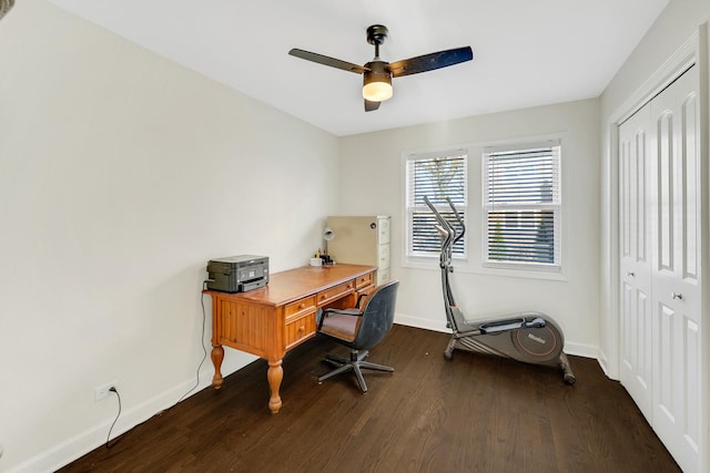 office space featuring ceiling fan and dark hardwood / wood-style flooring