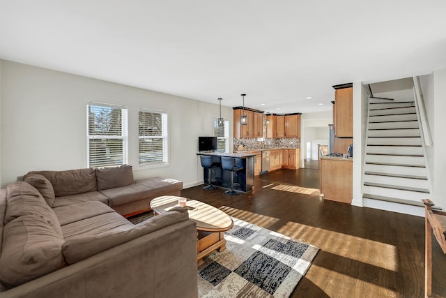 living room with dark hardwood / wood-style floors